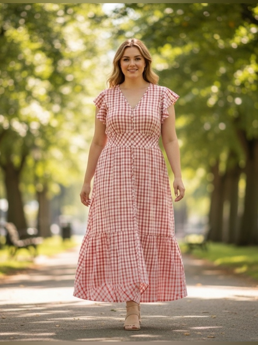 Loft Red Gingham Button Down Flutter Sleeve CottageCore Tiered Maxi Dress 18